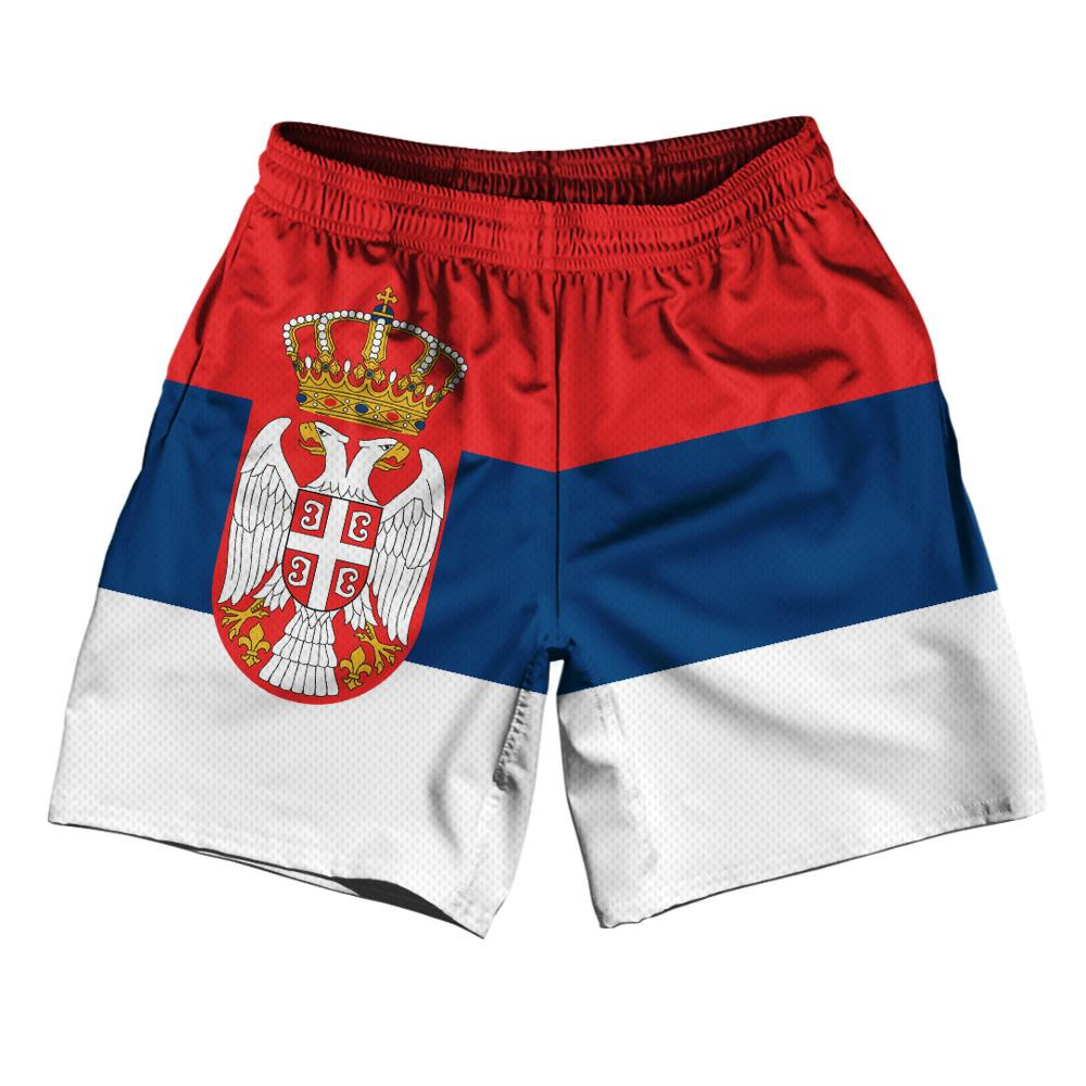 Image of Serbia Country Flag Athletic Running Fitness Exercise Shorts 7" Inseam Made In USA-White Red Blue