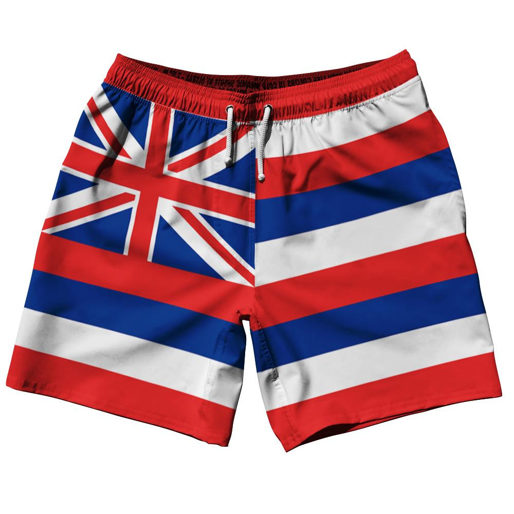 Image of Hawaii US State 7.5" Swim Shorts Made in USA - Red Blue