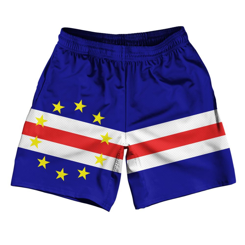 Image of Cape Verde Country Flag Athletic Running Fitness Exercise Shorts 7" Inseam Made In USA - Blue White