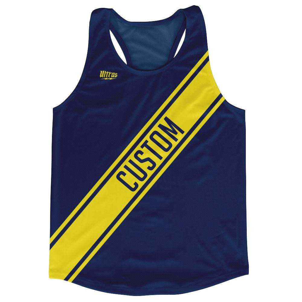 Image of Navy Blue & Yellow Custom Sash Running Tank Top Racerback Track & Cross Country Singlet Jersey - Navy Blue & Yellow