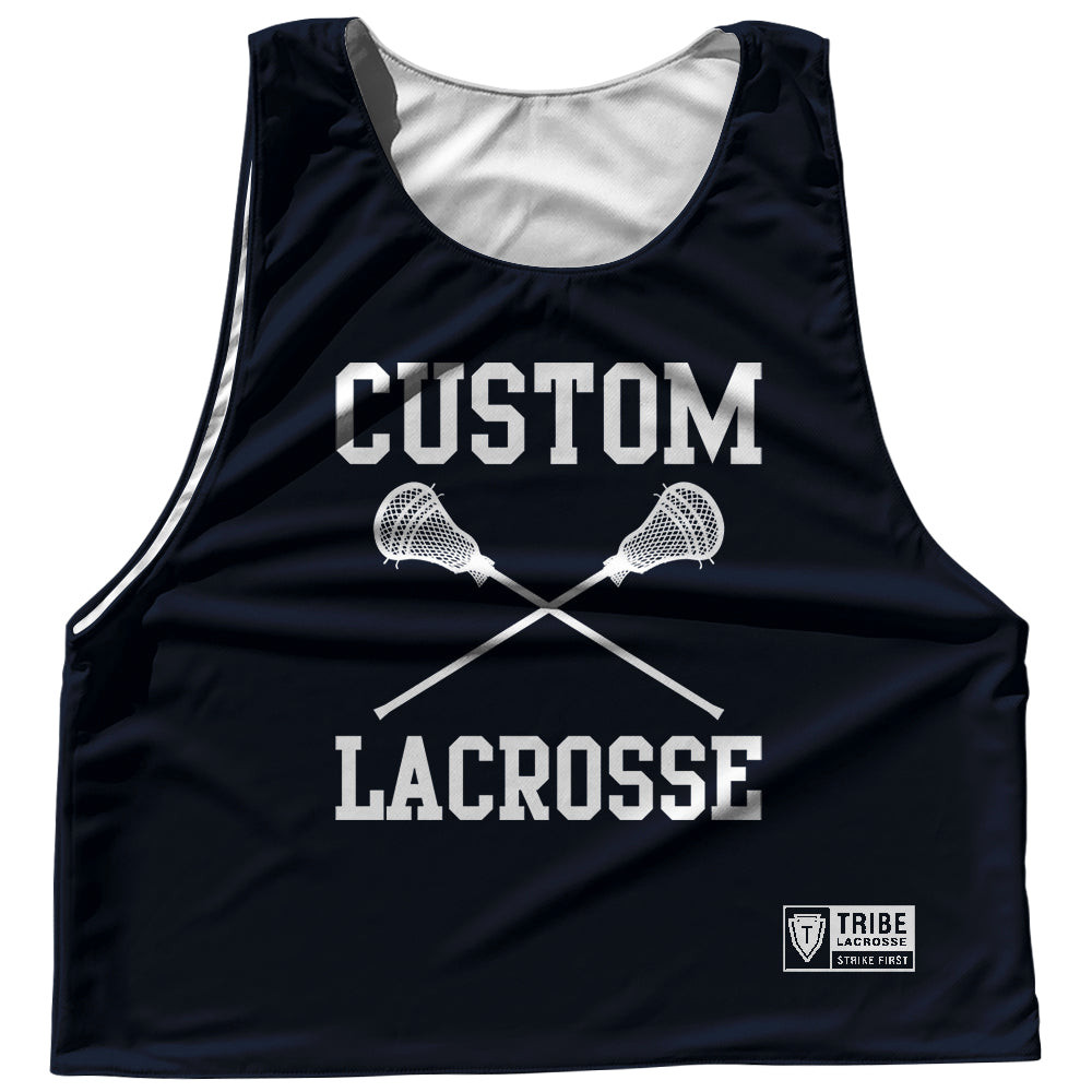 Image of Custom Lacrosse Blue Navy Almost Black and White Reversible Lacrosse Pinnie