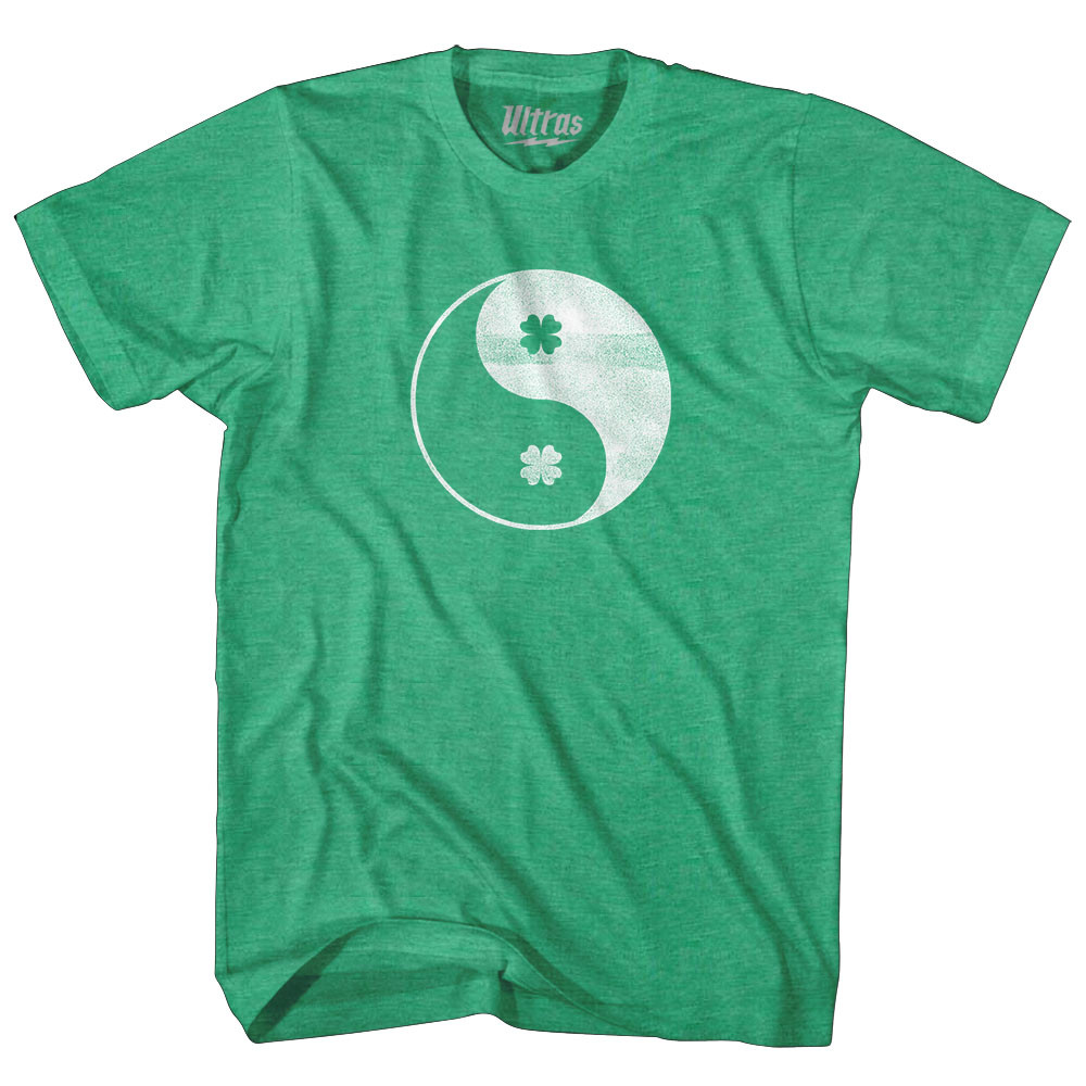 Image of Yin and Yang Balance Ireland Irish Shamrock Clover Adult Tri-Blend T-shirt - Kelly