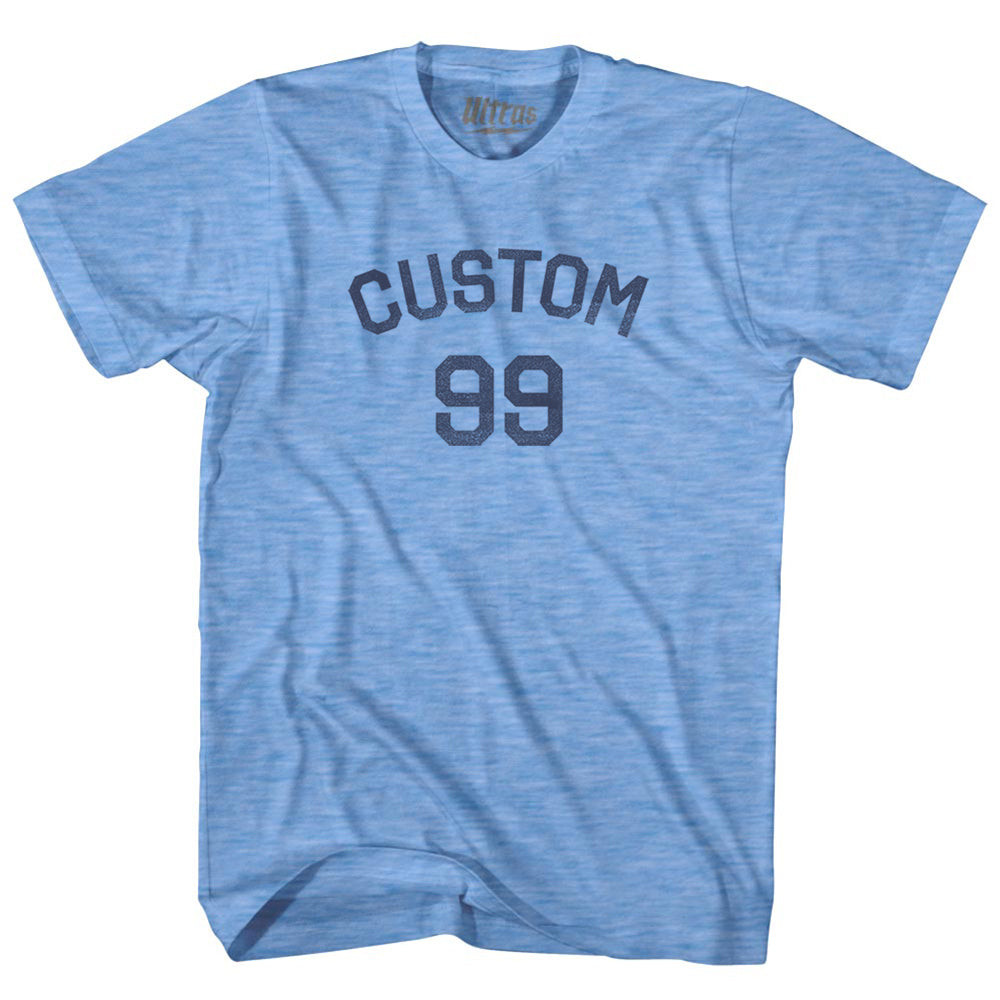 Image of Custom Text Over Custom Number Adult Tri-Blend T-shirt - Athletic Blue