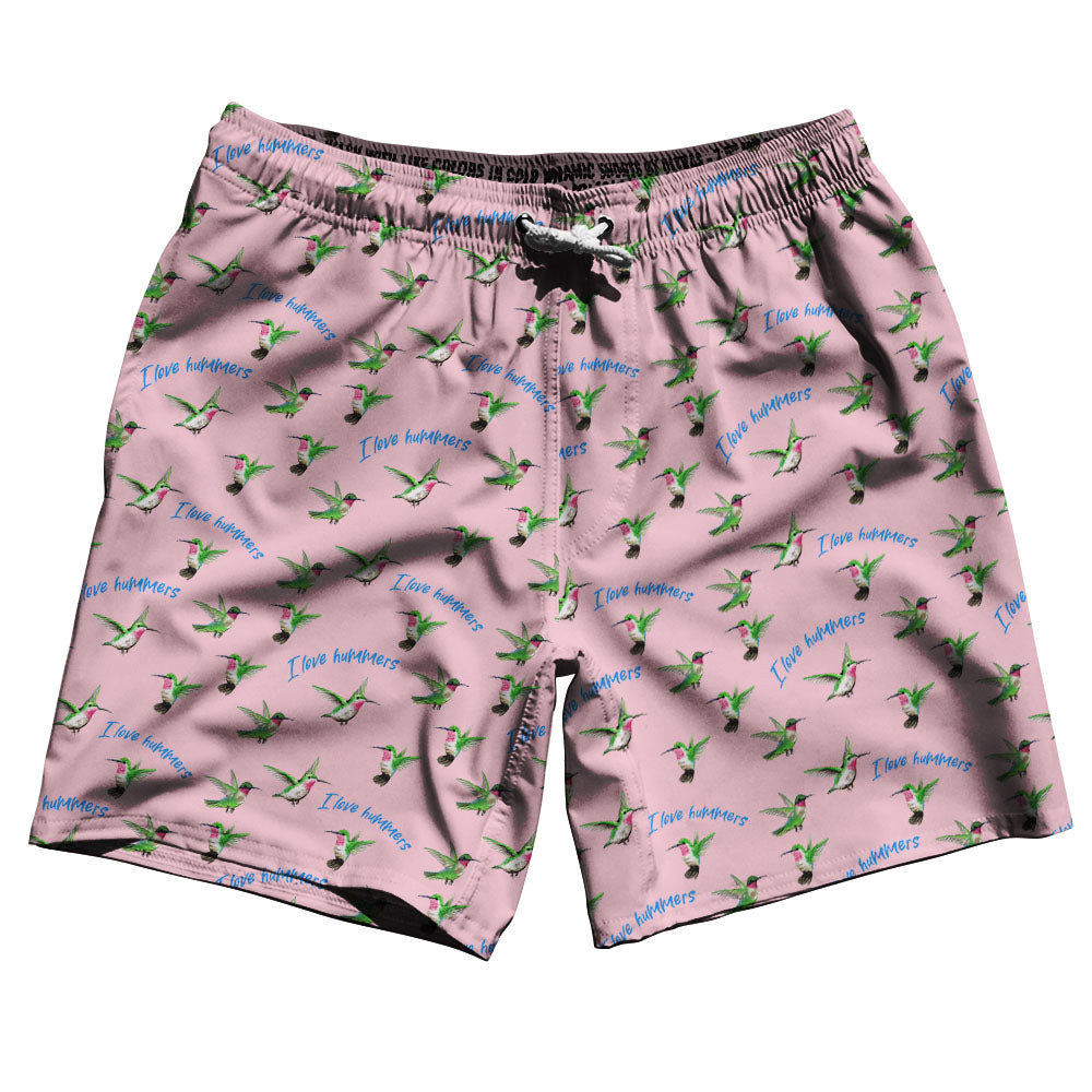 Image of Hummingbirds I LOVE HUMMERS Swim Shorts 7" Made in USA - Pale Pink