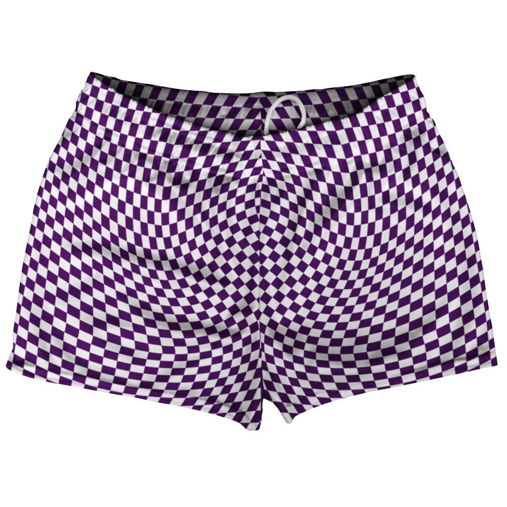 Image of Warped Checkerboard Shorty Short Gym Shorts 2.5" Inseam Made In USA - Purple Medium And White