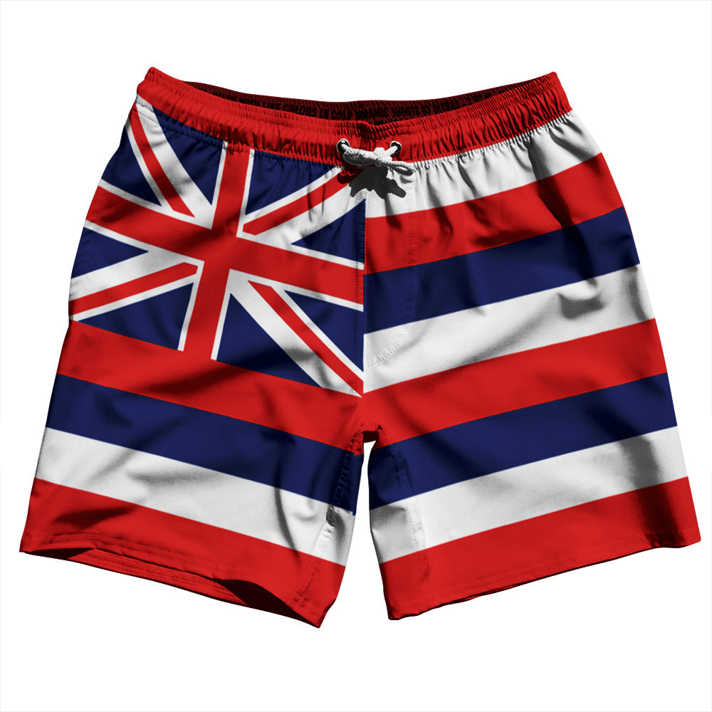 Image of Hawaii US State Flag Swim Shorts 7" Made in USA - Red White Blue