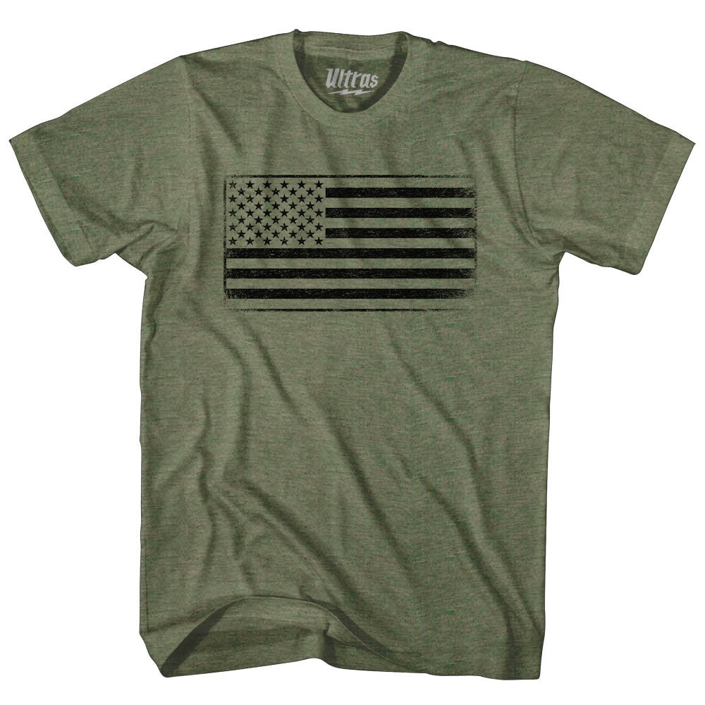 Image of American Flag Black Out Army Adult Tri-Blend T-shirt - Military Green