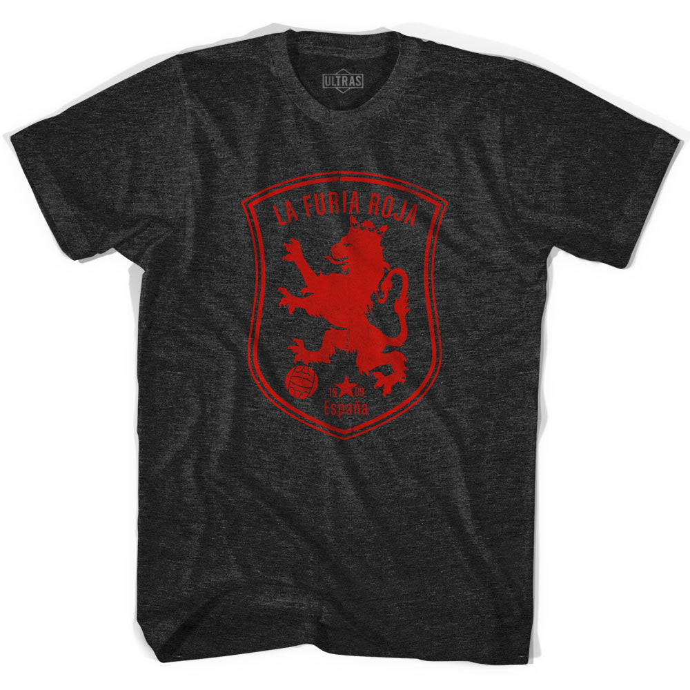 Image of Spain Espana La Furia Roja Soccer Adult Tri-Blend T-shirt - Black