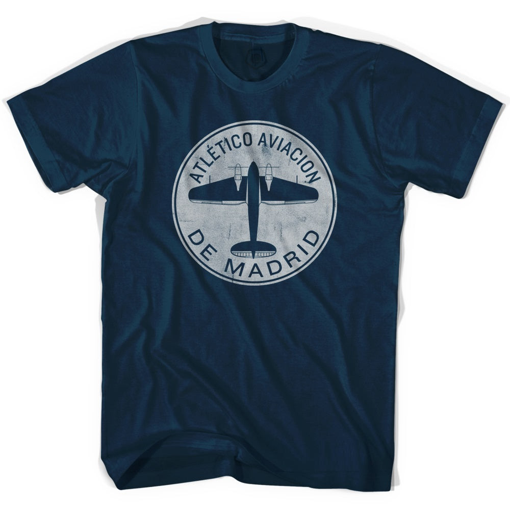 Image of Atletico Madrid Airplane Soccer Adult Tri-Blend T-shirt - Navy