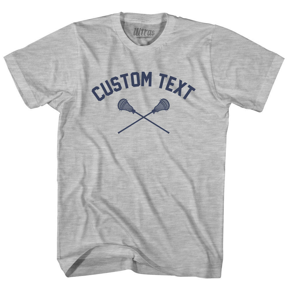 Image of Custom Text Crossed Lacrosse Sticks Adult Cotton T-shirt - Grey Heather