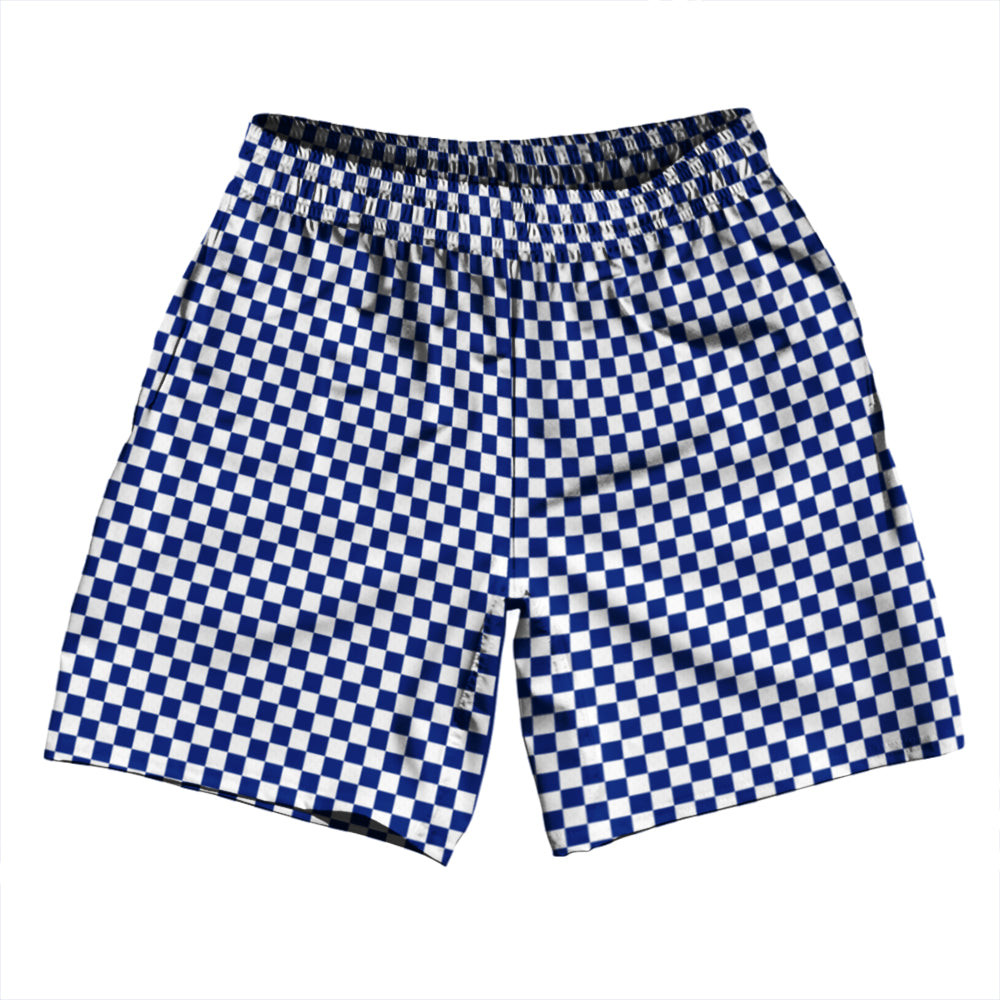Image of Checkerboard Half Inch Blue Royal and White Athletic Running Fitness Exercise Shorts 7" Inseam Shorts Made In USA