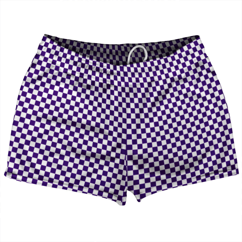 Image of Checkerboard Half Inch Purple Lakers and White Shorty Short Gym Shorts 2.5" Inseam Made In USA