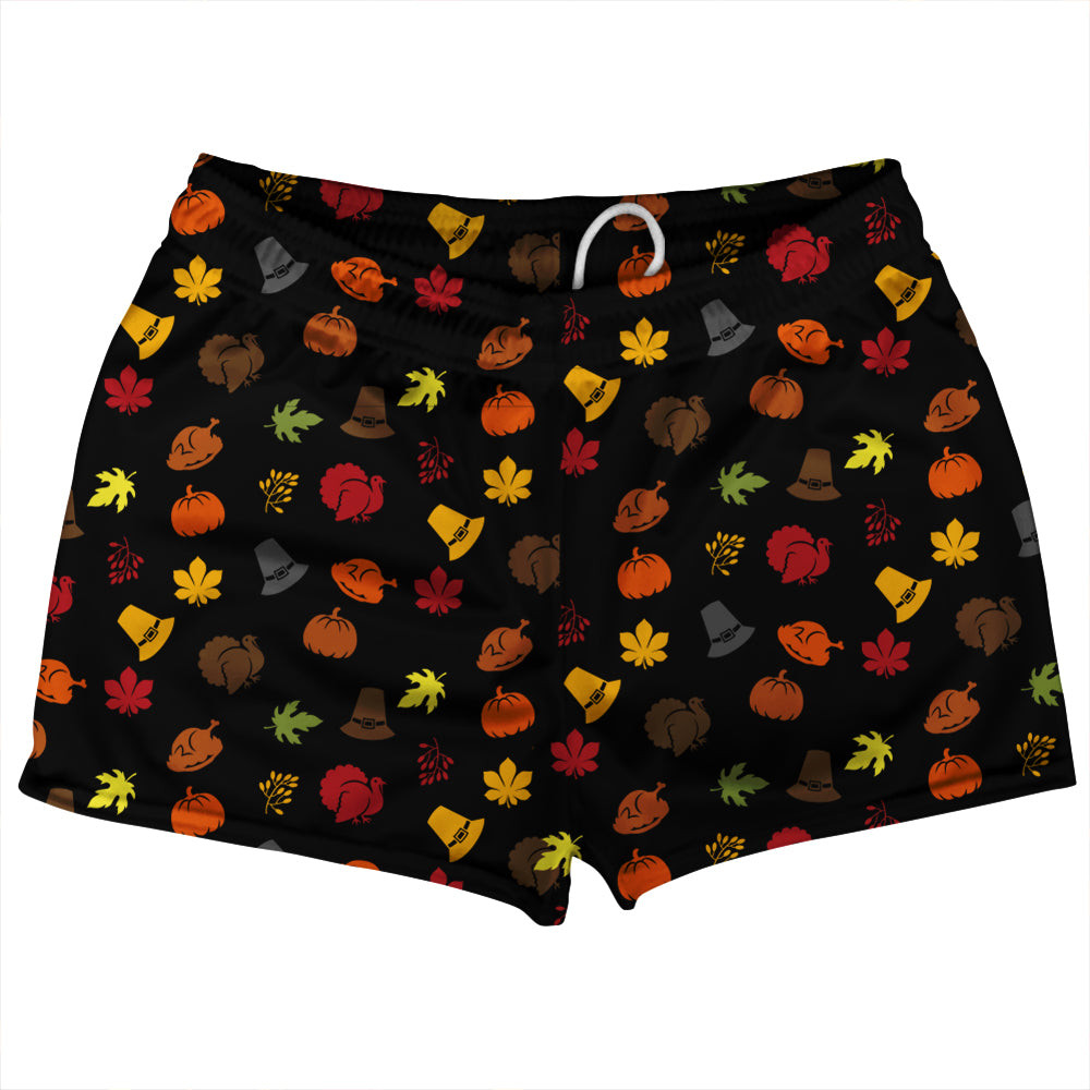 Image of Thanksgiving All Over Pattern Shorty Short Gym Shorts 2.5" Inseam Made In USA - Black