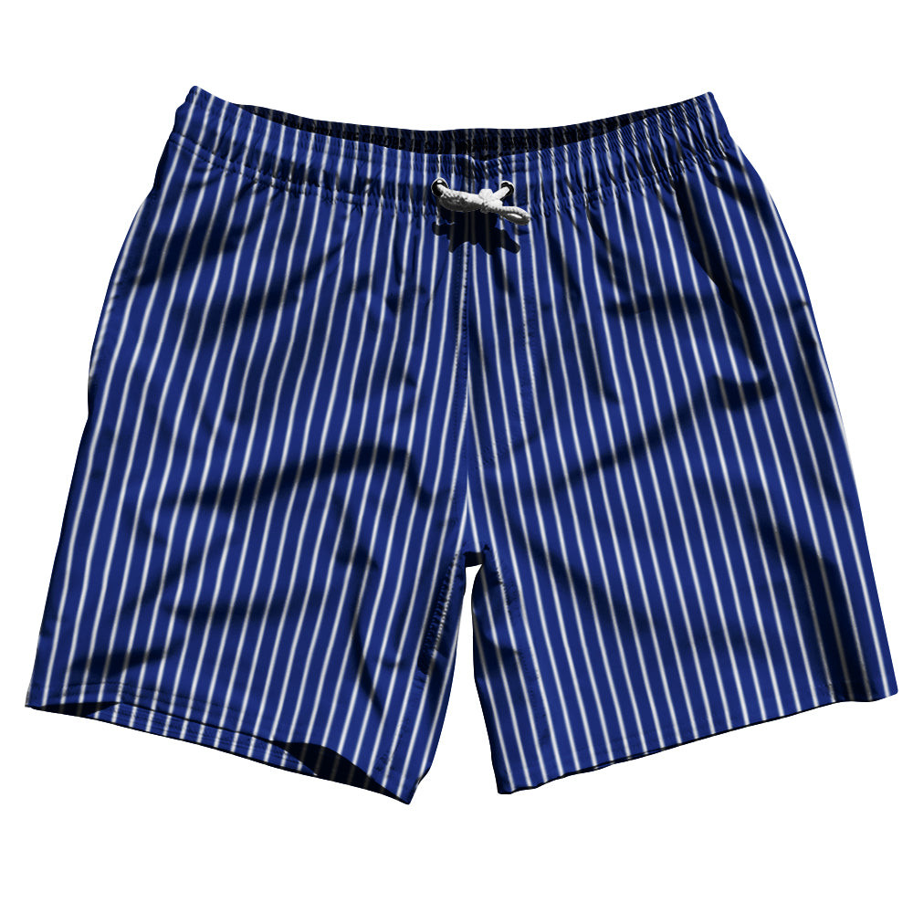 Image of Pinstripes Swim Shorts 7" Made in USA - Blue Royal and White