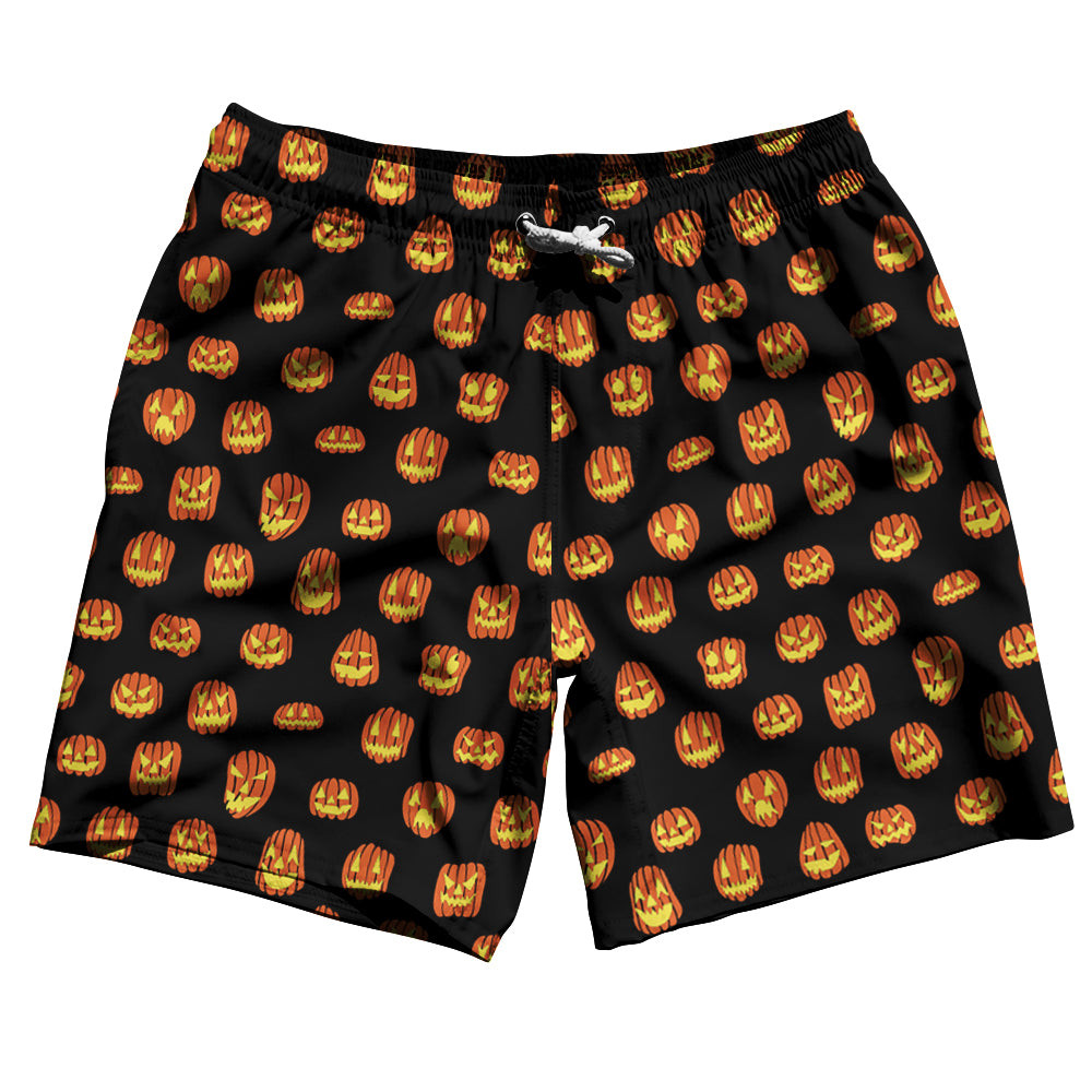 Image of Scary Jack O Lanterns Carved Pumpkins All Over Print Pattern Swim Shorts 7" Made in USA - Black