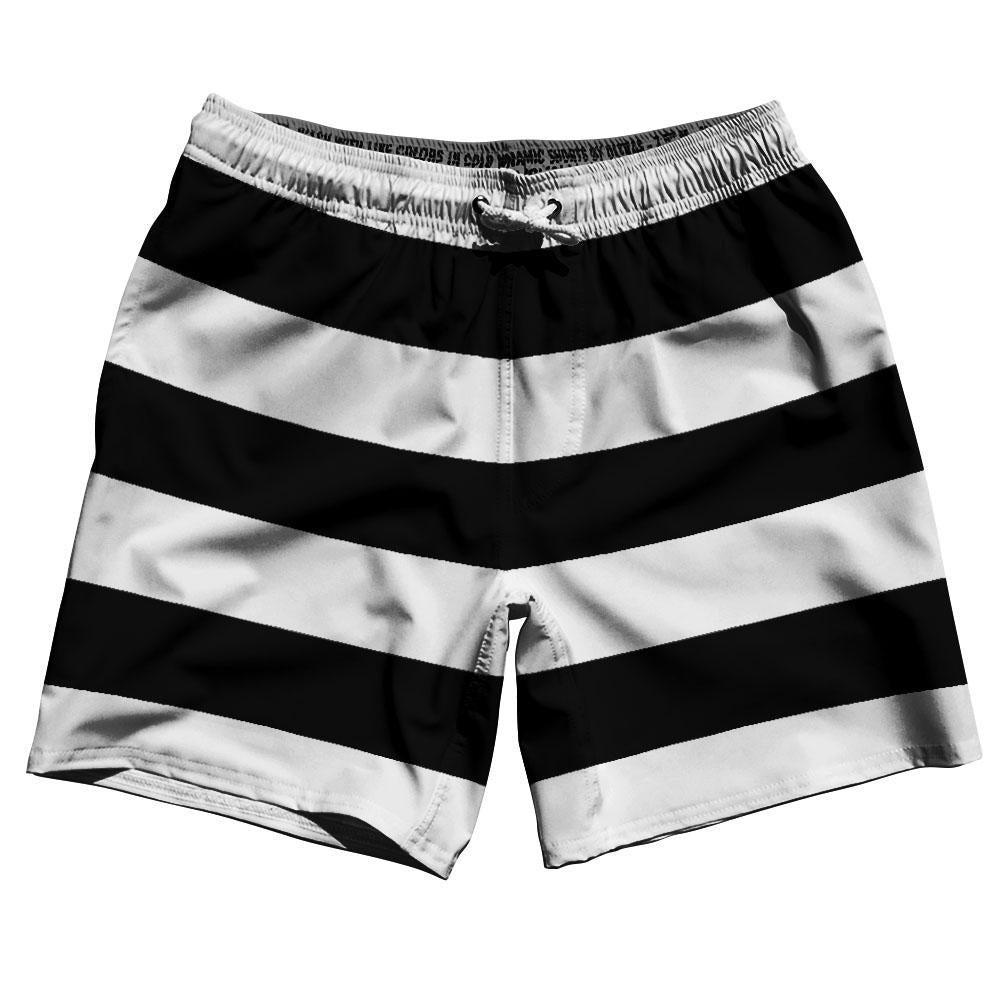 Image of Black & White Horizontal Stripe 7" Swim Shorts Made in USA - Black & White