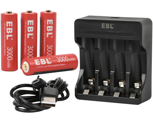 EBL AA Rechargeable Li-Ion Battery 1.5V 3000mWh - 4 Pack w/ Smart Charger Combo (78090 & 78091)