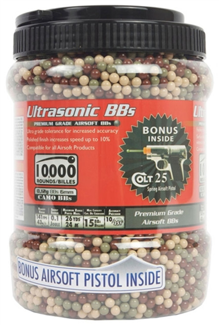 10000 Camo Ultrasonic .12g Airsoft BBs W/ Colt .25 Clear Spring Pistol