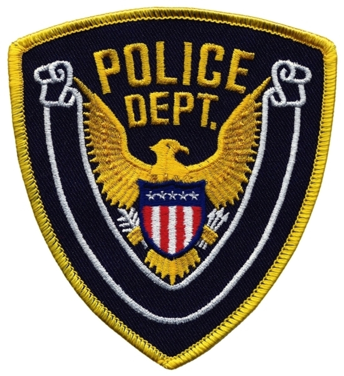 Police Dept., Eagle w/Blank Scroll, Medium Gold Border on Navy Blue Twill, 4x4-3/8