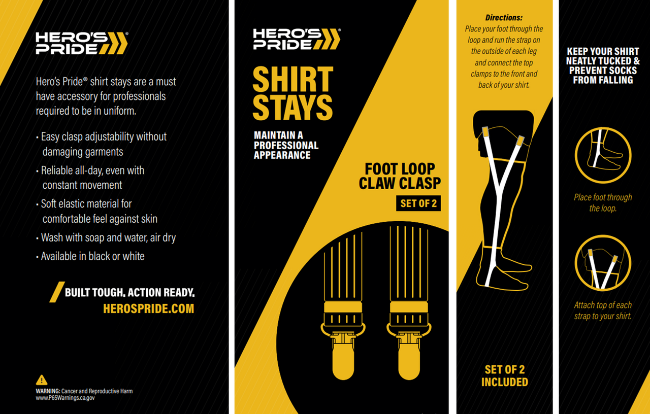 Heros Pride Footloop Shirt Holders w/ Claw Clasp, Black, Adjustable