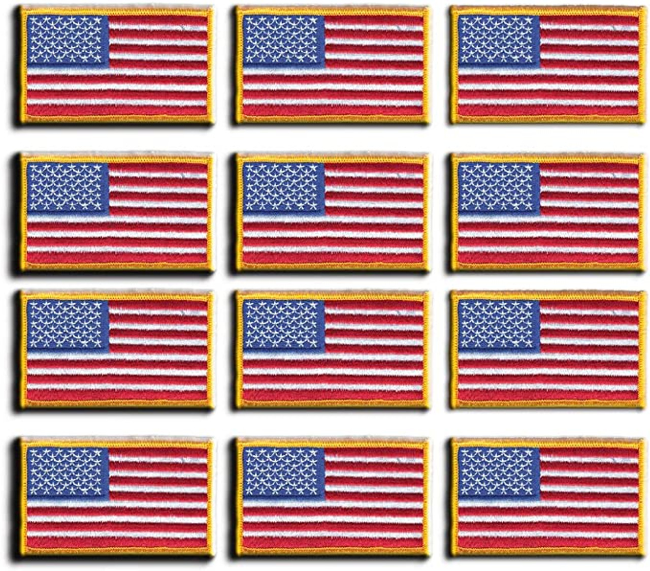 12 Pack - American Flag Embroidered Patch Gold Border USA United States of America - US Flag Patch - Sew on - Military/Army/Police Flag