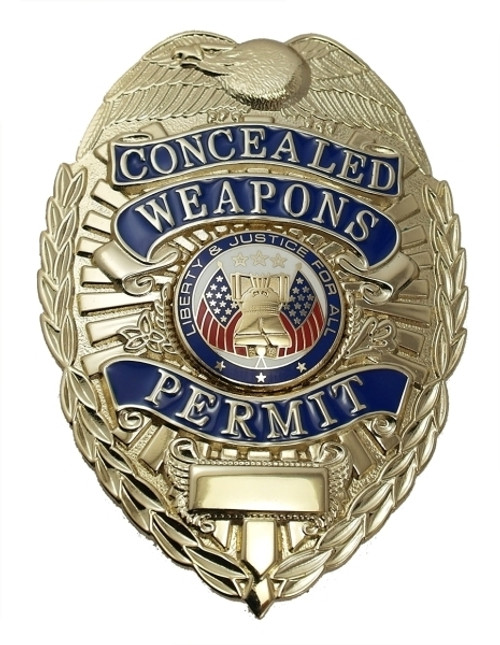 CONCEALED WEAPONS PERMIT Badge, Enameled & Plated Durable 5-Pc Pin/Catch, 2-1/4x3-1/8"