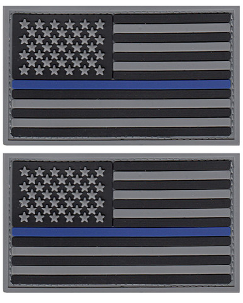 U.S. Flag Patch, Blue Stripe, PVC, Hook, Grey/Blue/Black, 3-3/8x2" - 2 Pack