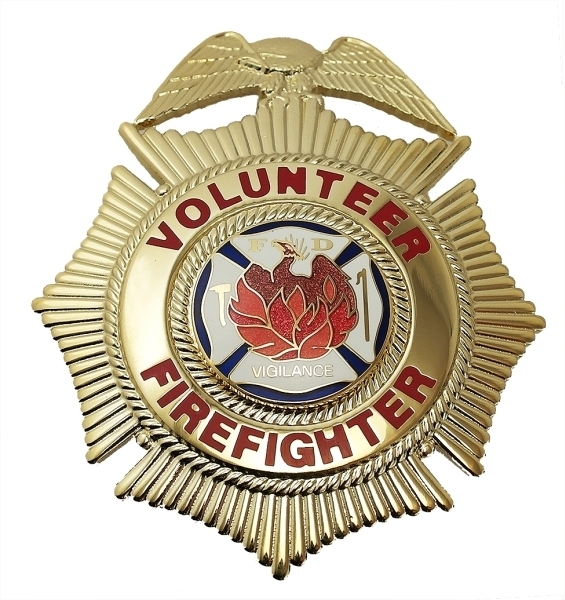 VOLUNTEER FIREFIGHTER Badge, Enameled & Plated, Durable 5-Pc Pin/Catch, 2-1/2x3&#34;-