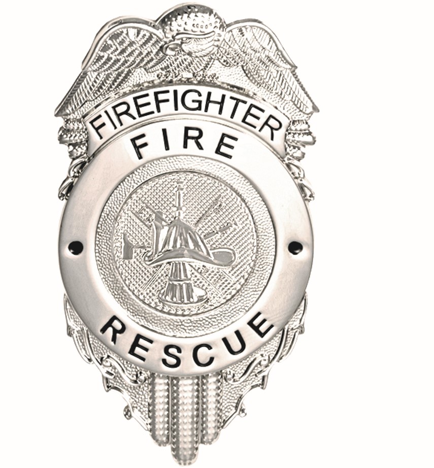 FIREFIGHTER FIRE RESCUE Badge, Enameled & Plated, Pin/Catch, 2-1/2x3&#34;-Hero&#8216;s Pride