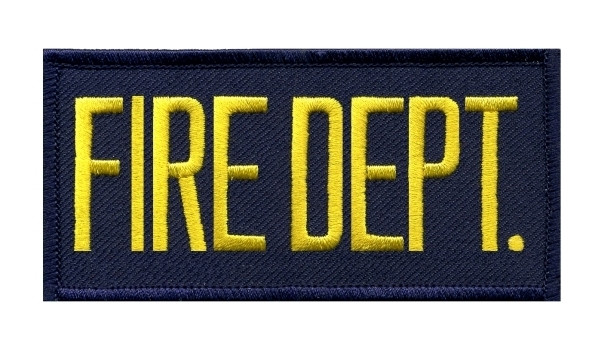 FIRE DEPT. Chest Patch, Hook, Medium Gold/Navy Blue, 4x2"-Hero‘s Pride