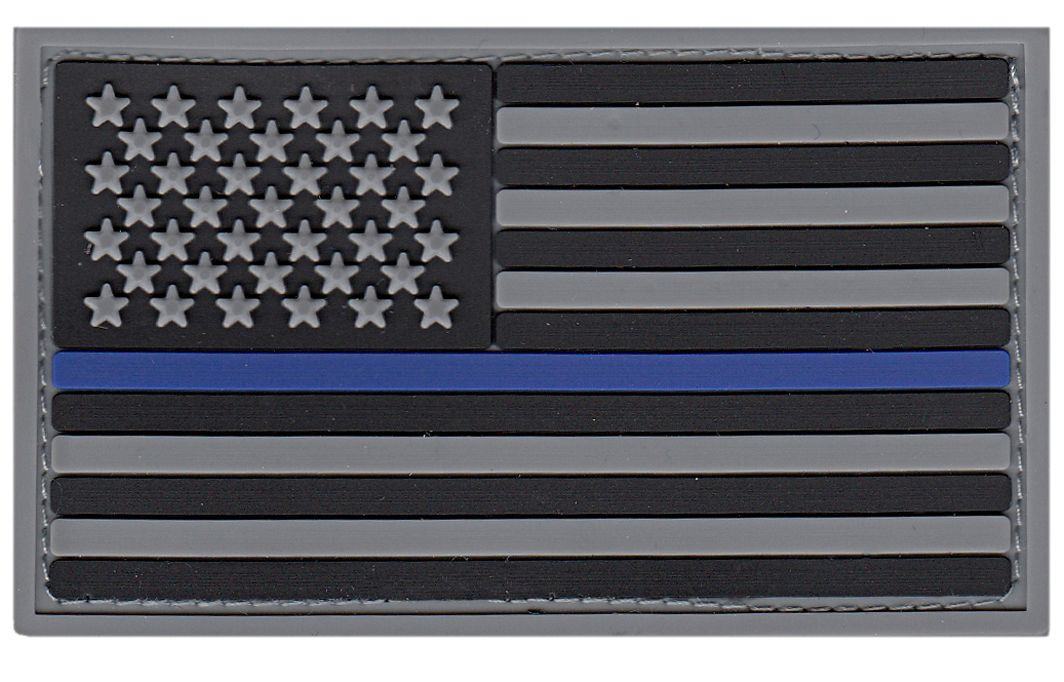 U.S. Flag Patch, Blue Stripe, PVC, Hook, Grey/Blue/Black, 3-3/8x2&#34;-HP