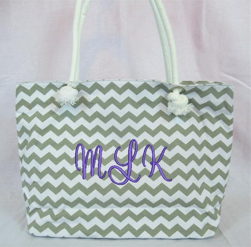 Beach Bag Canvas Chevron Gray Monogram