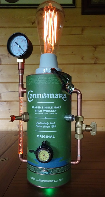 An individual hand-built genuine Connemara whiskey box, converted to a steampunk dimmable lamp, with clock and USB charging port