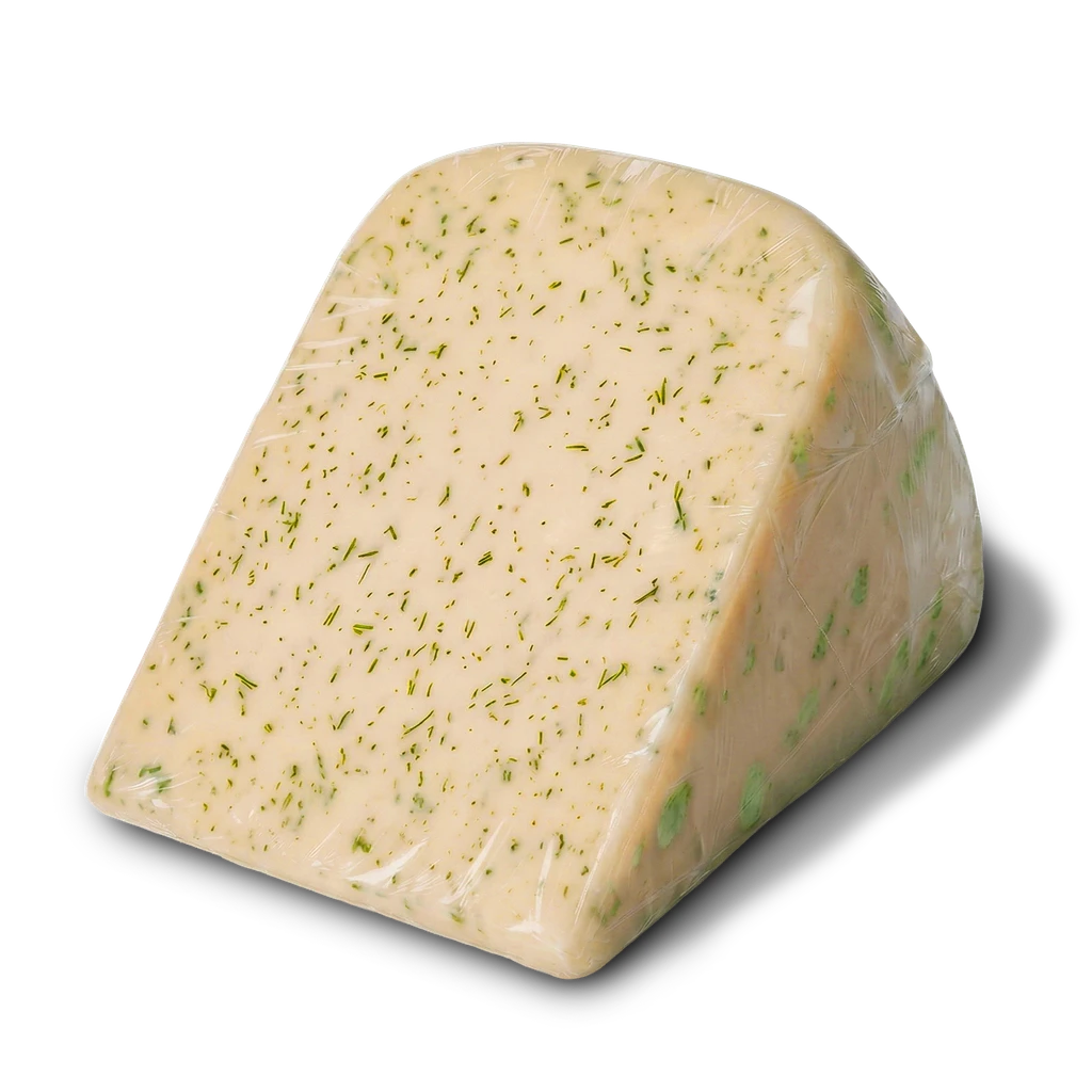 Unpackaged wedge of Yancey’s Fancy Green Goddess Gouda Cheese.