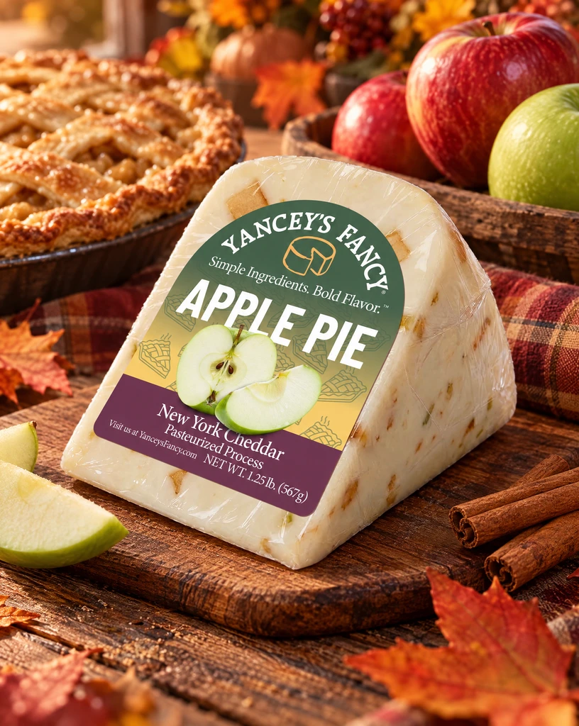 Yancey's Fancy Apple Pie Cheddar 7.6 ounce wedge with apples and apple pie and a fall or autumn feel.