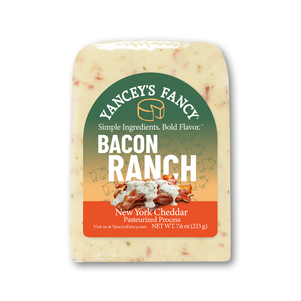 Front view of Yancey's Fancy Bacon Ranch Cheddar Cheese 7.6 oz wedge.