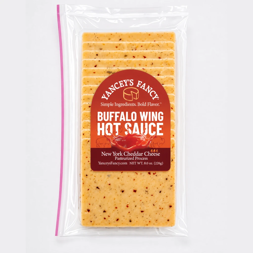 Yancey's Fancy Buffalo Wing Hot Sauce Cheese 8 ounce slice pack.