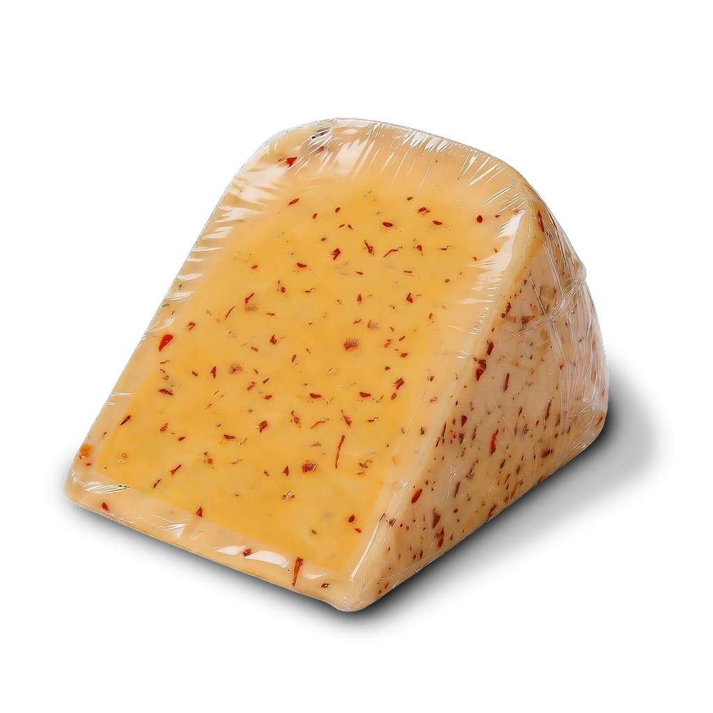 Unpackaged wedge of Yancey's Fancy Buffalo Wing Hot Sauce Cheese.