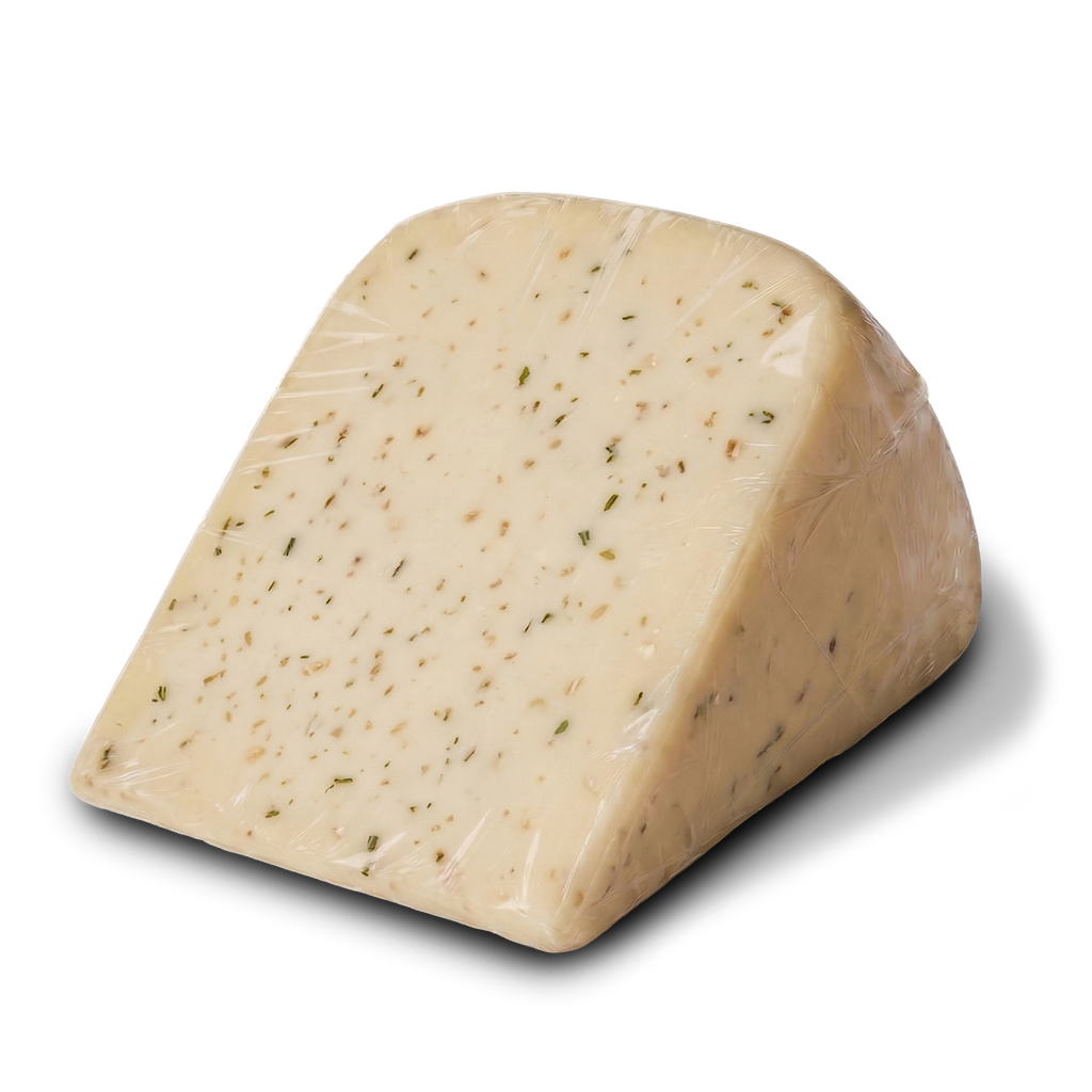 Unpackaged wedge of Yancey's Fancy Roasted Garlic Cheese.
