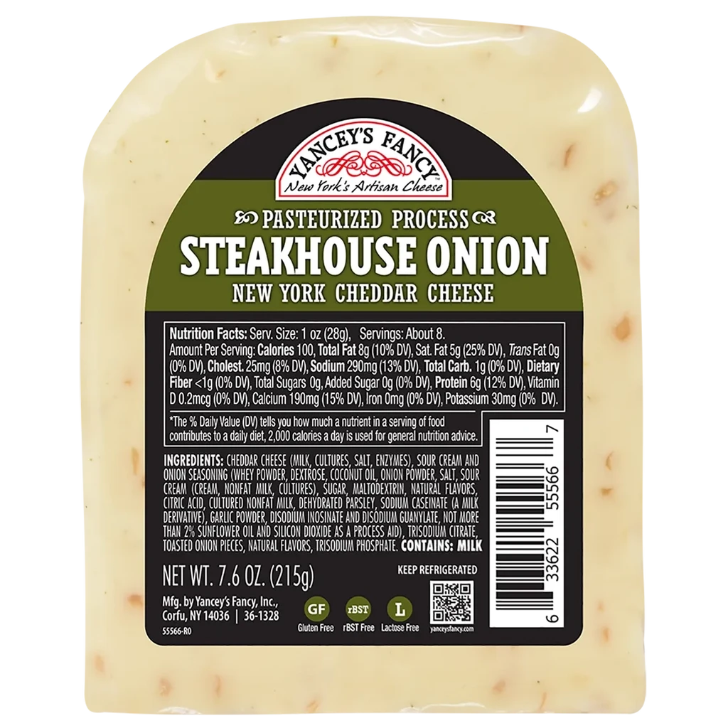 Previous packaging label and barcode information for Yancey's Fancy Steakhouse Onion Cheddar.