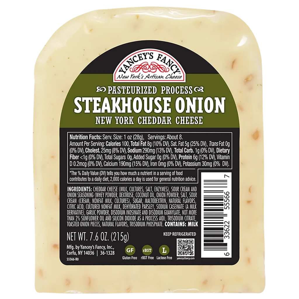 Previous packaging label and barcode information for Yancey's Fancy Steakhouse Onion Cheddar.