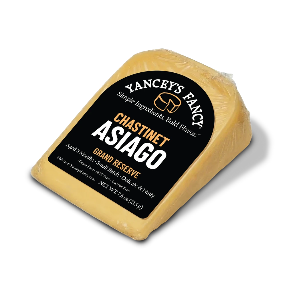 Yancey's Fancy Chastinet Asiago Cheese 7.6 ounce wedge.