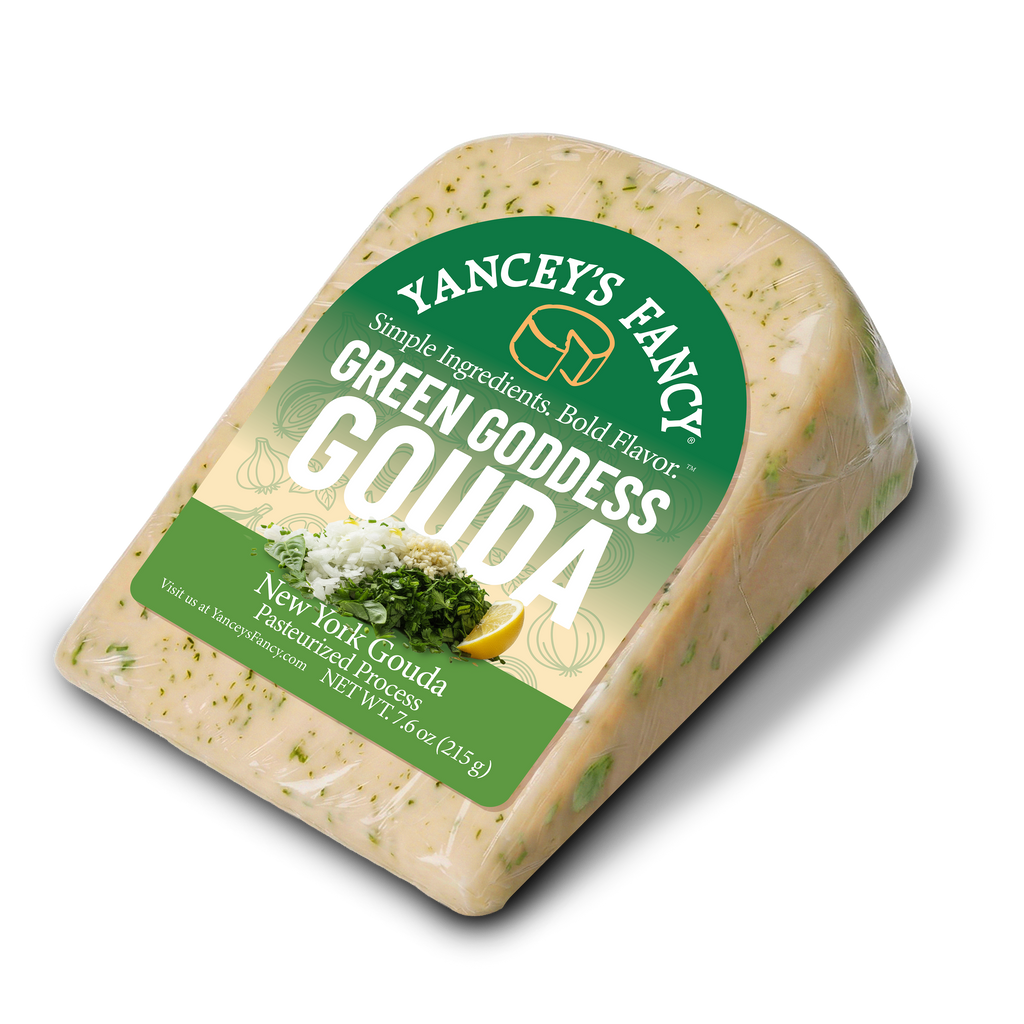 Yancey's Fancy Green Goddess Gouda Cheese 7.6 ounce wedge.
