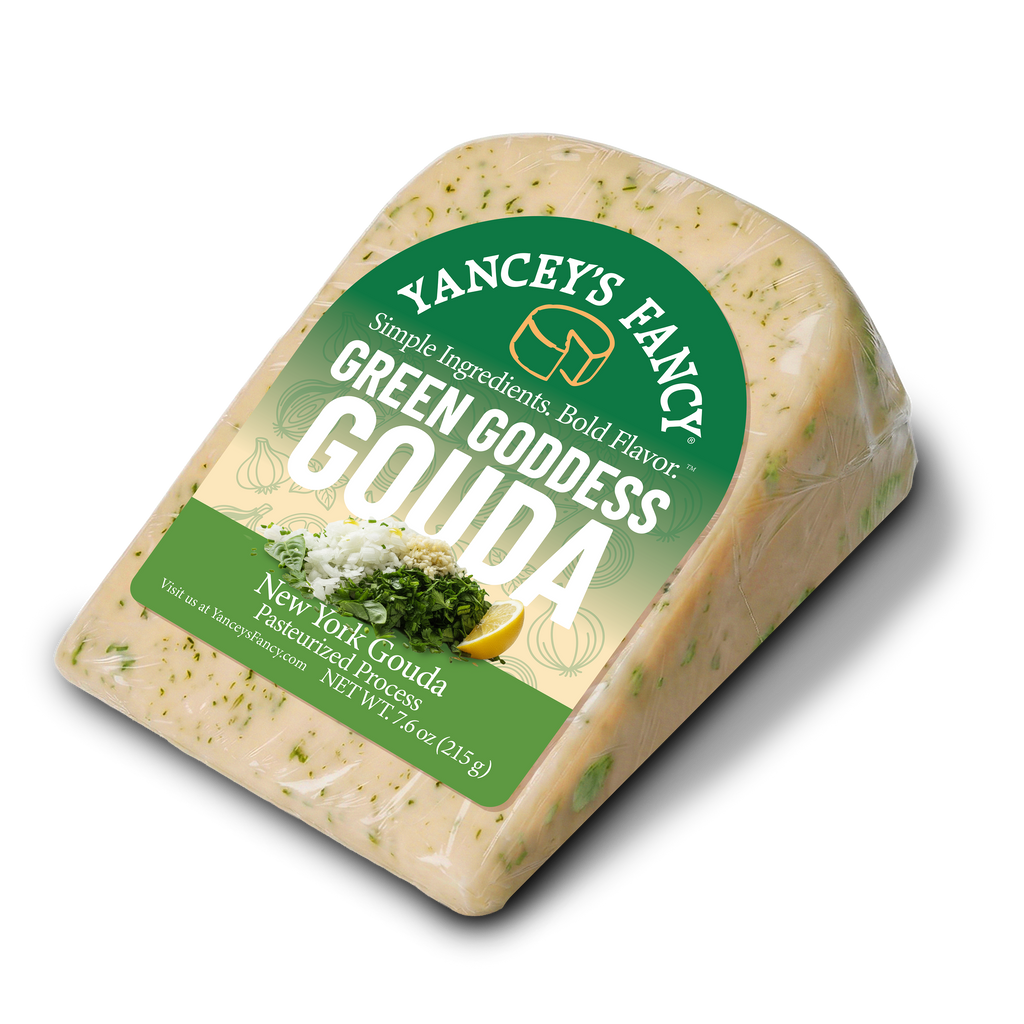 Yancey's Fancy Green Goddess Gouda Cheese 7.6 ounce wedge.