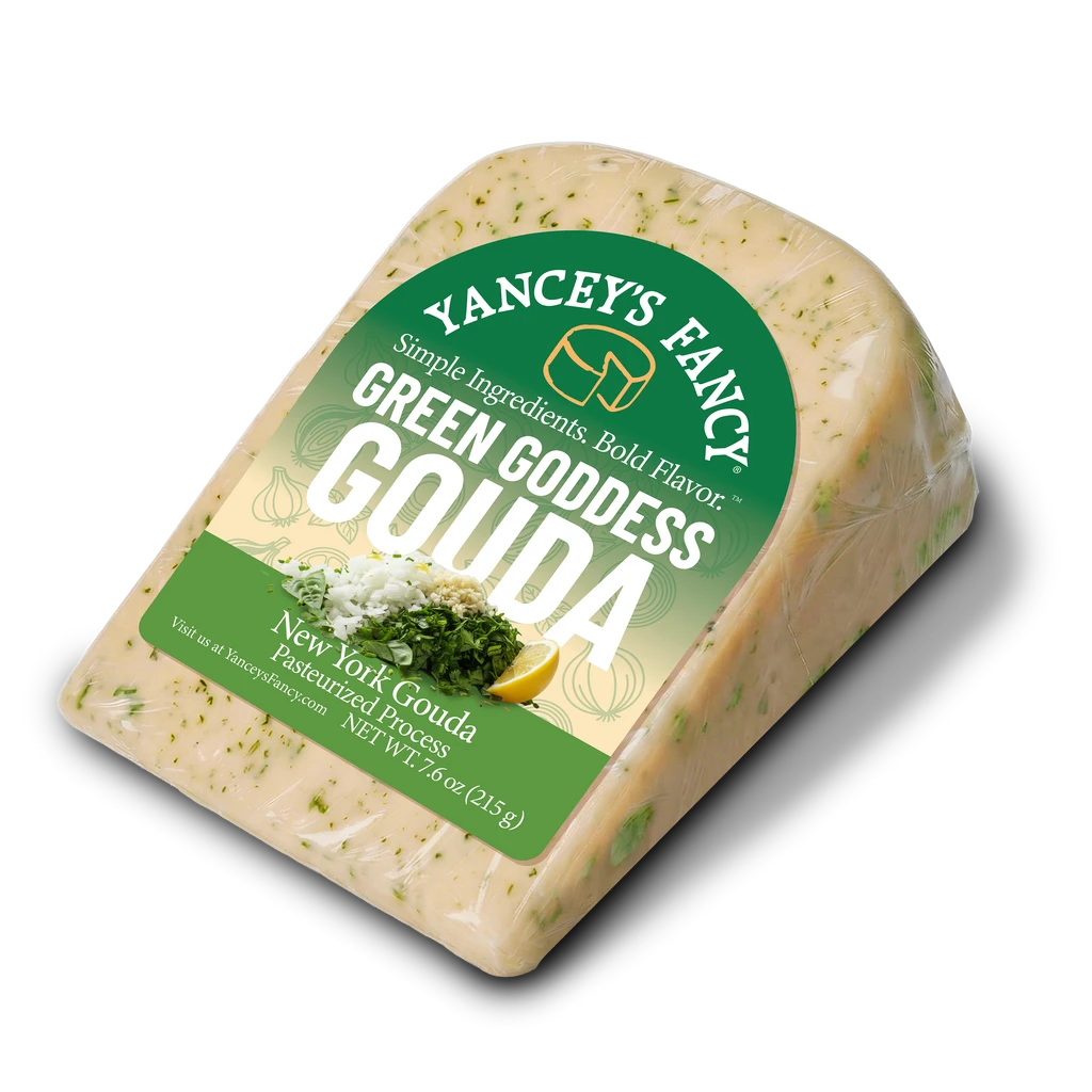 Yancey's Fancy Green Goddess Gouda Cheese 7.6 ounce wedge.