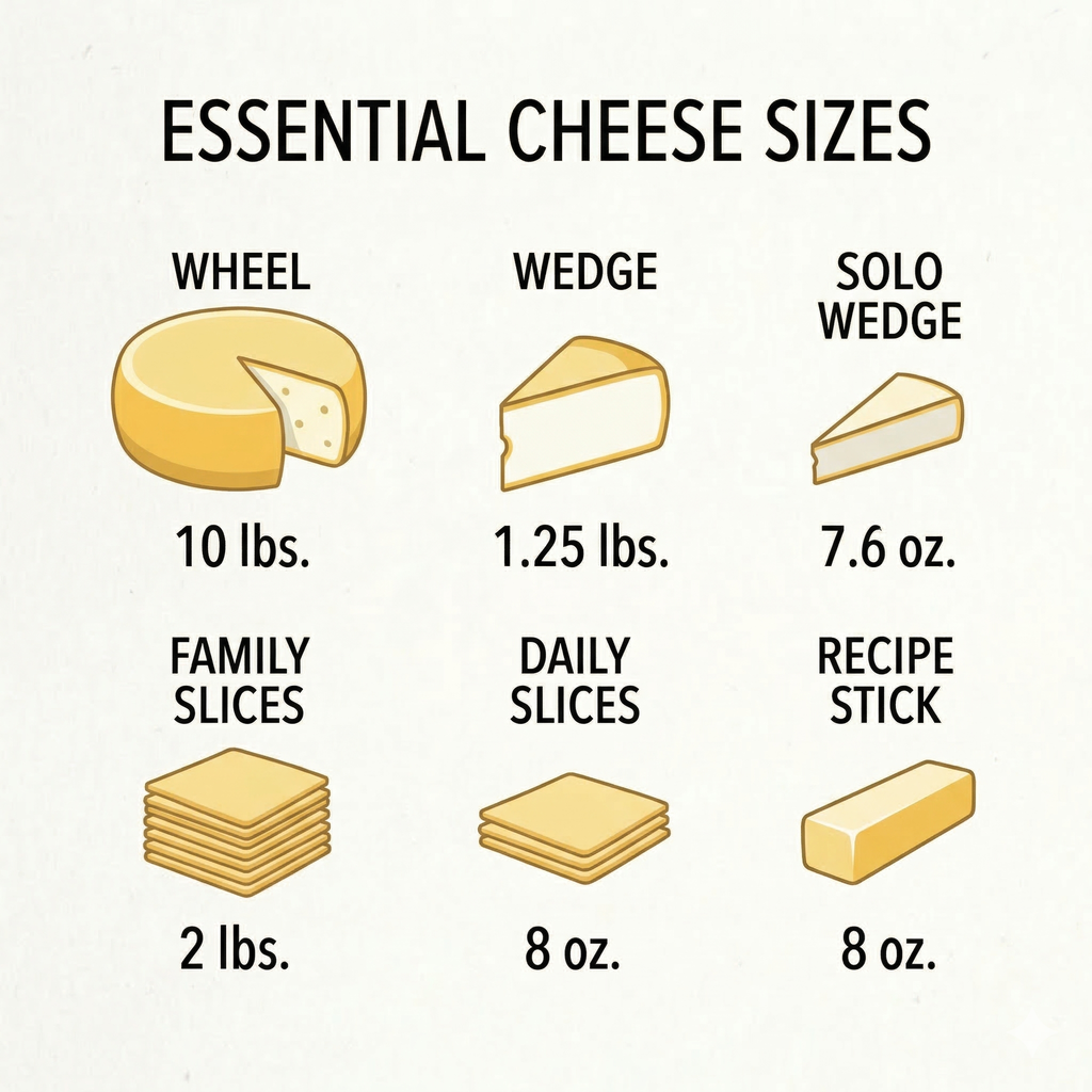 Yancey’s Fancy Available Sizes: 10lb Bulk Wheel, 7.6oz Solo Wedge, 8oz Recipe Stick, 1.25oz Portion Wedge, 8oz Daily Slices, and 2lb Family Pack Slices.