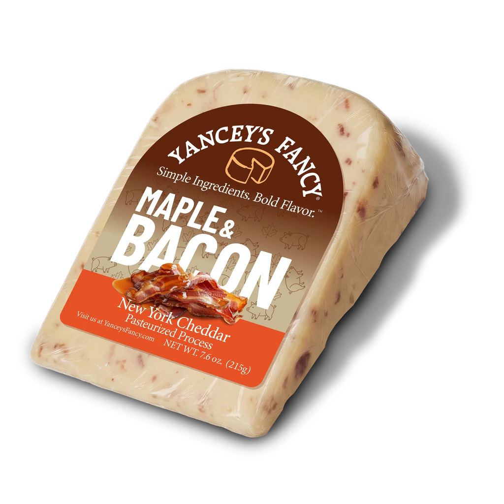 Yancey's Fancy Maple & Bacon Cheddar Cheese 7.6 ounce wedge.