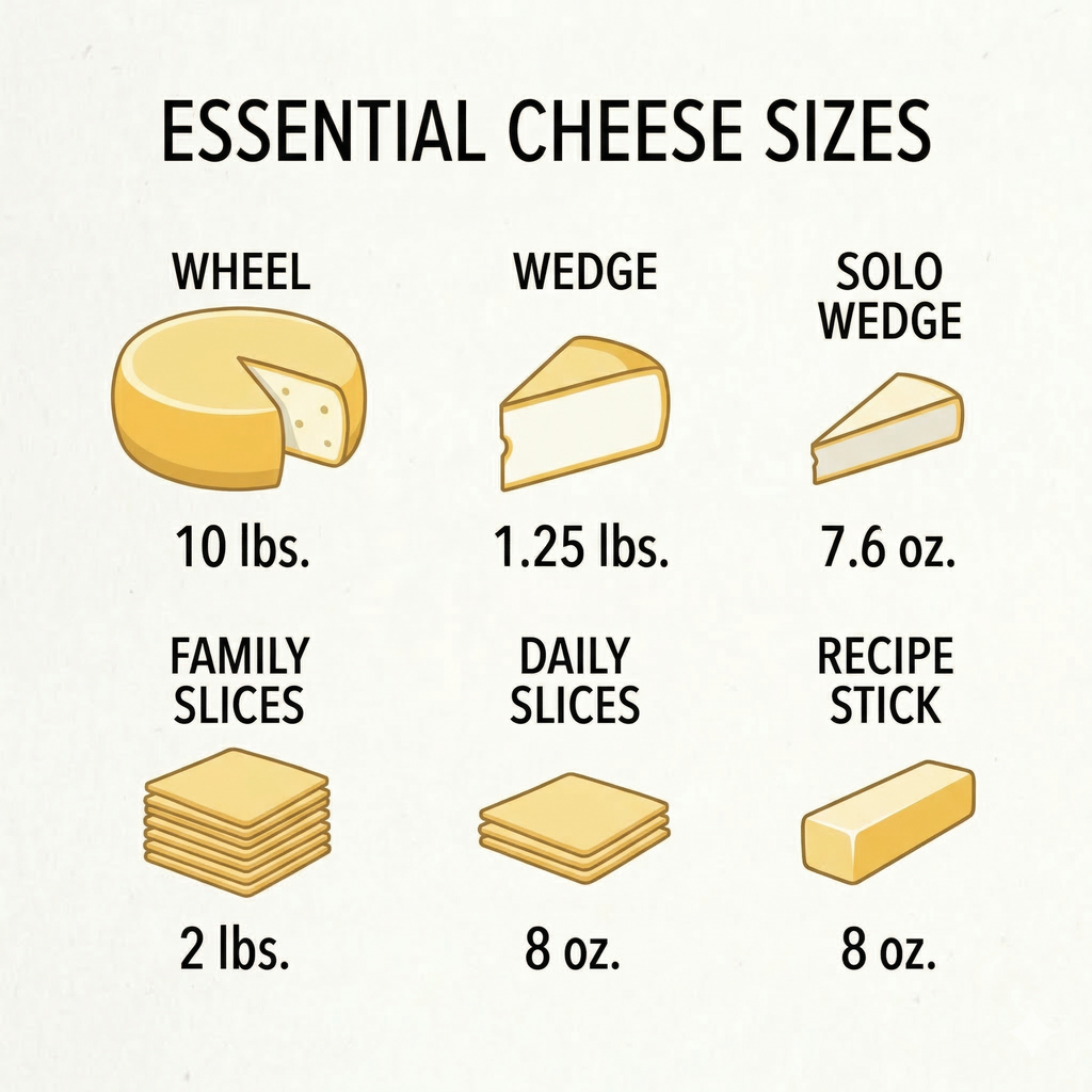 Yancey’s Fancy Available Sizes: 10lb Bulk Wheel, 7.6oz Solo Wedge, 8oz Recipe Stick, 1.25oz Portion Wedge, 8oz Daily Slices, and 2lb Family Pack Slices.
