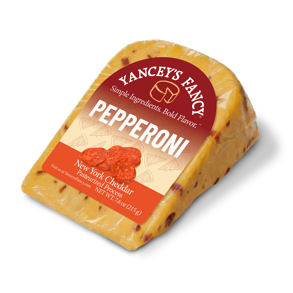 Yancey’s Fancy Pepperoni Cheddar Cheese 7.6 ounce wedge.