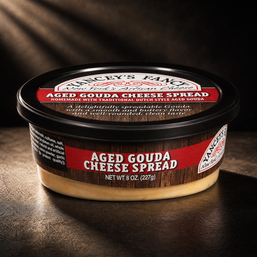 A dramatic product shot of an 8-ounce (227g) tub of Yancey's Fancy Aged Gouda Cheese Spread lit from above on a textured dark table. The container features a black lid with a dark red banner label, and a side label with bold white text reading "AGED GOUDA CHEESE SPREAD" over a red stripe and faux woodgrain background. The pale amber-colored cheese dip is visible through the clear plastic bottom of the tub.